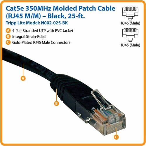 25FT CAT5E BLACK PATCH CABLE MOLDED RJ45 M/M 350MHZ PVC UTP