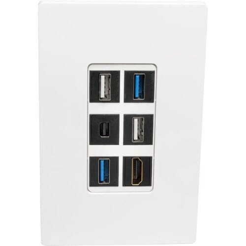 SINGLE-GANG 6-PORT WALL PLATE KEYSTONE CAT5/6 USB HDMI DPORT RCA