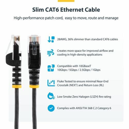 6FT BLACK CAT6 ETHERNET CABLE SLIM SNAGLESS RJ45 UTP PATCH CABLE