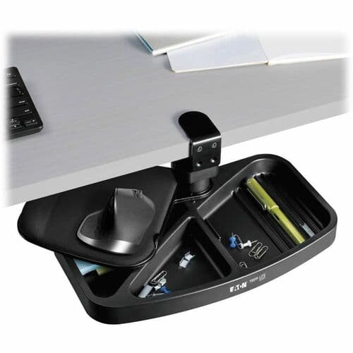 UNDER-DESK CLAMP STORAGE TRAY W/ BUILT-IN MOUSE PAD  WRIST REST