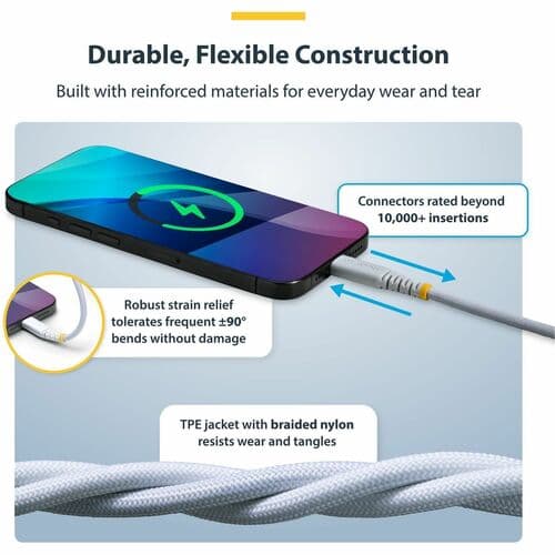 1FT WHITE USB-C CHARGING CABLE 60W PD/RUGGED USB 2.0 CHARGER CORD