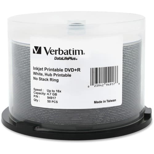 50PK DVD+R 16X 4.7GB 16X WHITE INKJET HUB PRINTABLE SPINDLE