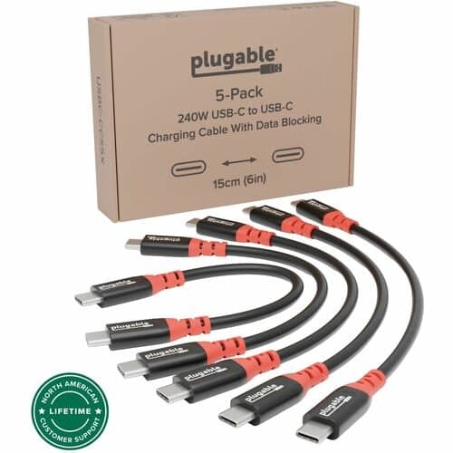 PLUGABLE 5-PACK USB-C CABLES 240W CHARGING WITH DATA BLOCKING