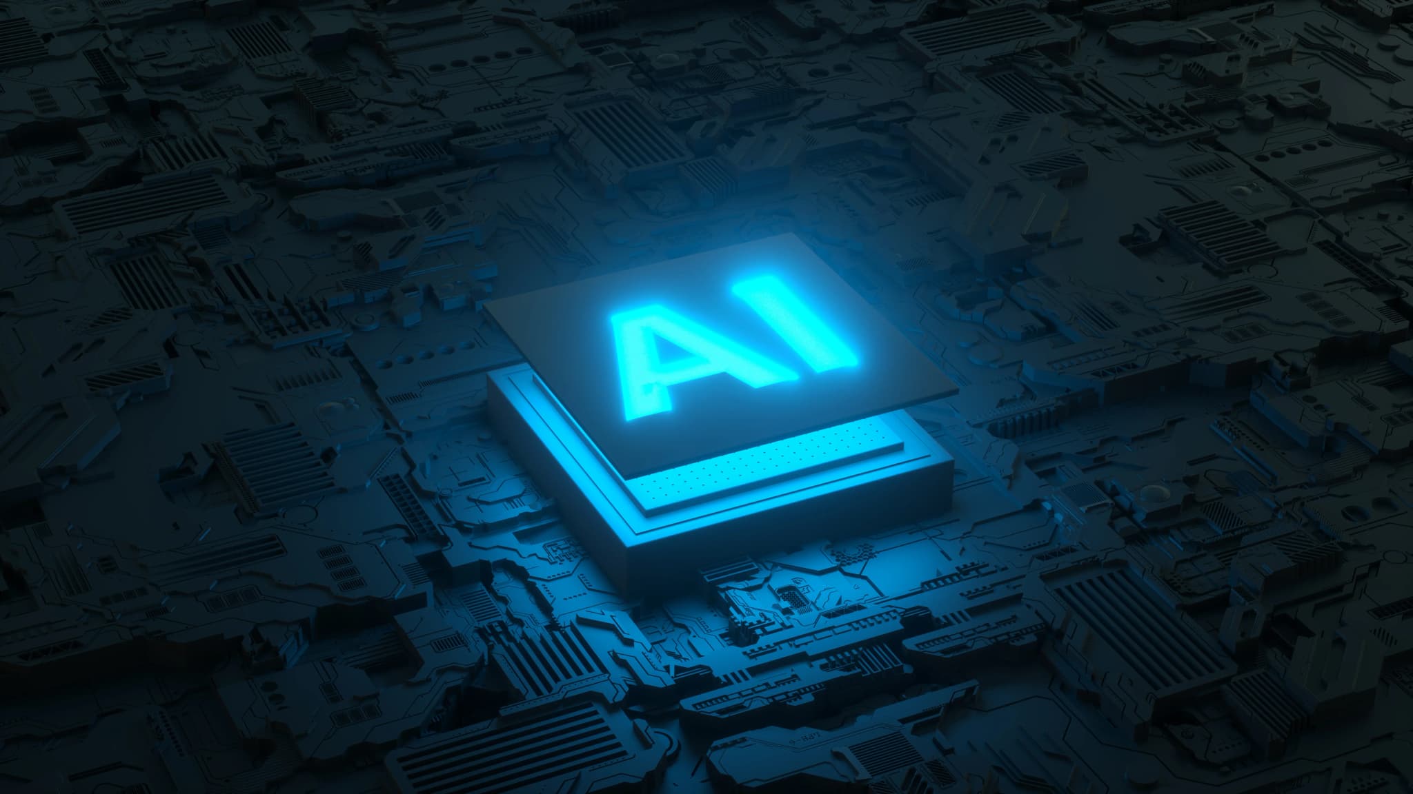 A circuit board with an AI microprocessor at its center