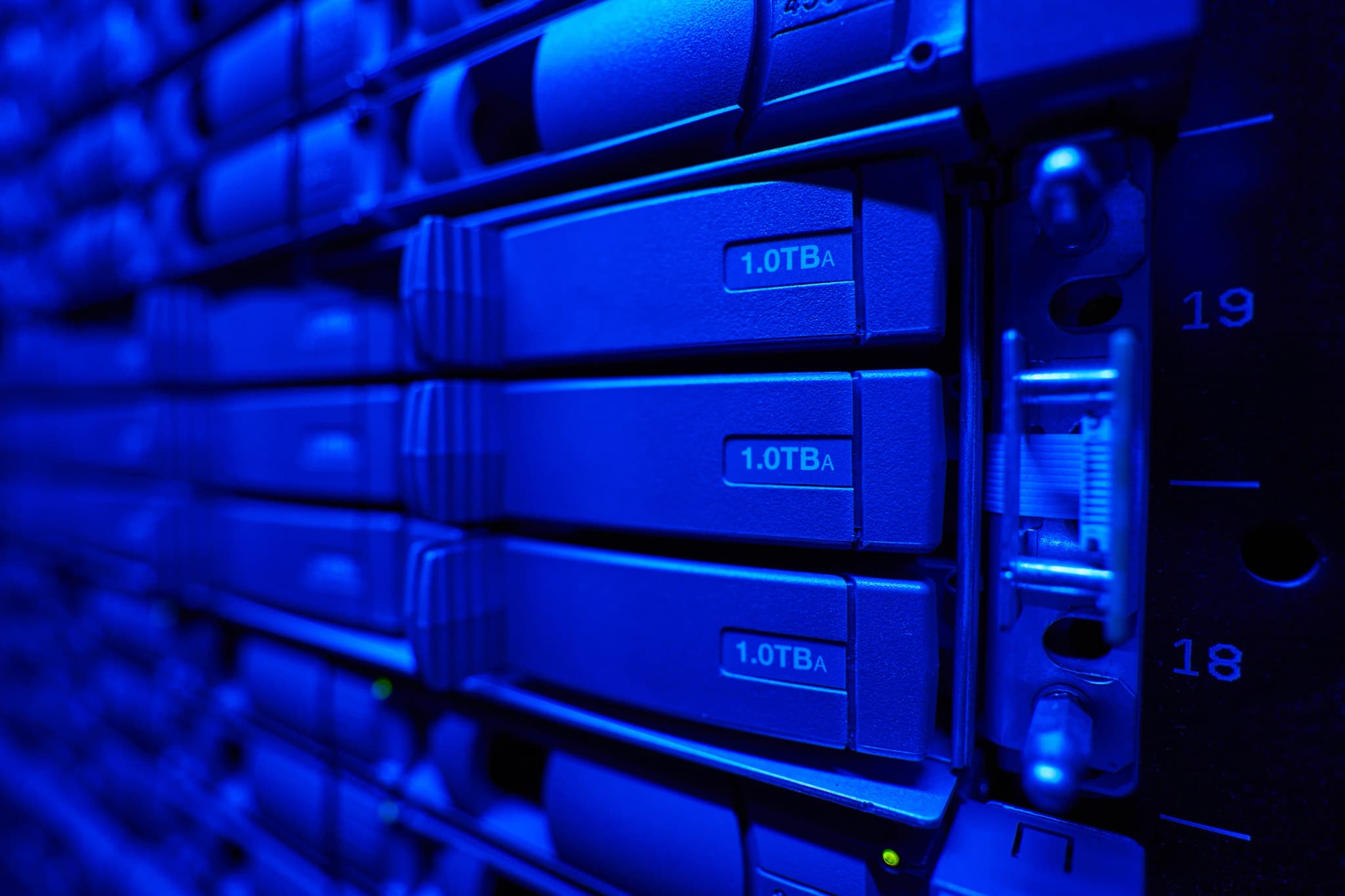 Hard drives mounted in a data center storage array