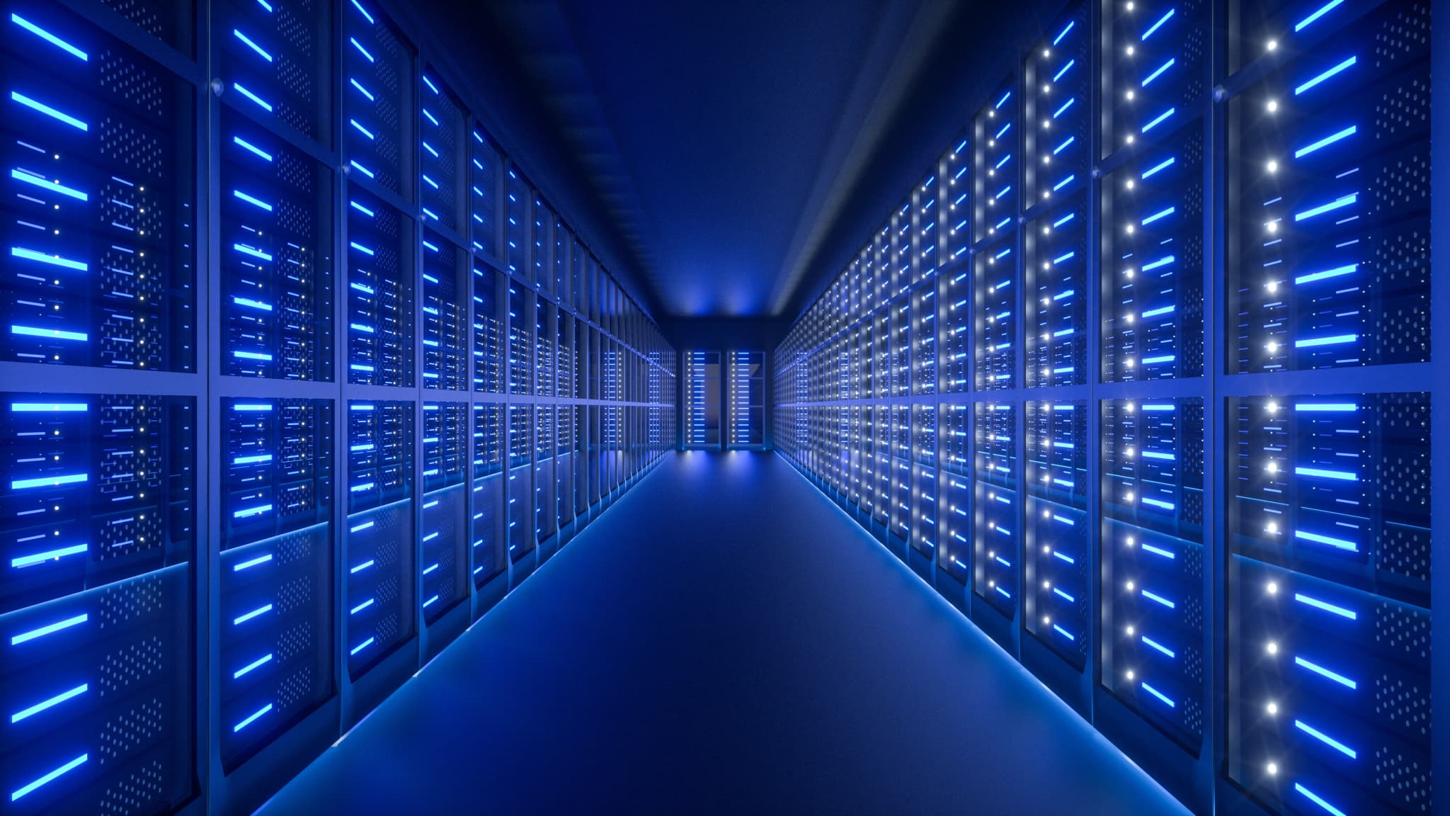 Rows of server racks inside a data center