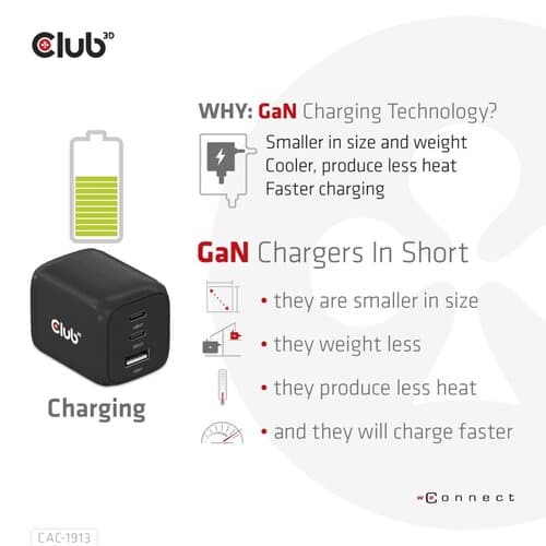 65W GAN 3X PORT TRAVEL CHARGER PD 3.0 2X USB TYPE C 1X TYPE A