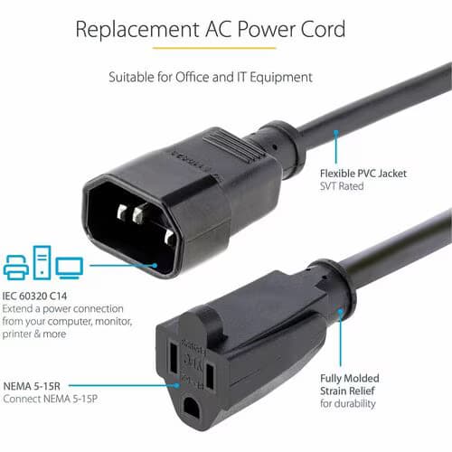 3FT COMPUTER POWER CORD C14 TO NEMA 5-15R AC POWER EXTENSION CABLE
