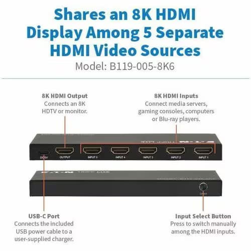 5-PORT HDMI SWITCH W REMOTE 8K60HZ UHD 4:4:4 HDR10+ HDCP 2.3