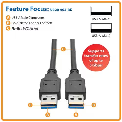 3FT USB CABLE USB A TO USB A M/M USB 3.0 SUPERSPEED BLACK 5GBPS